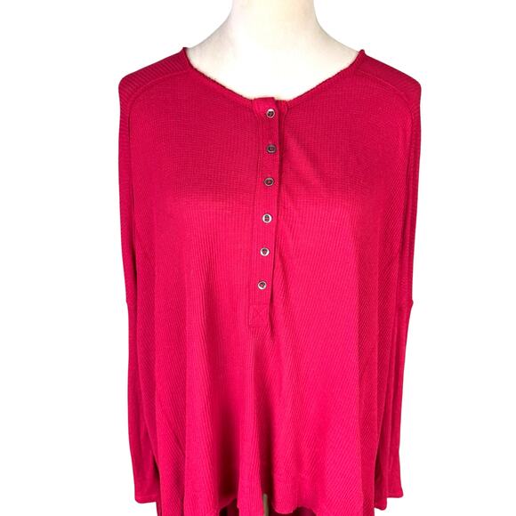 Free People Benedict Henley Strawberry Red Waffle Knit Oversized Hi Low Tunic - Picture 11 of 16
